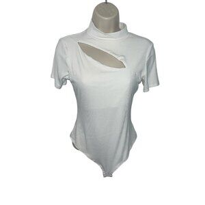 HER NAME SAYS GRACE Women's Size Medium White Ribbed Bodysuit Asymetrical Cutout